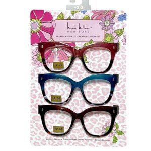 Nicole Miller Reading Glasses 3 Pack +2.00 Bold Retro Square Frame Readers Women